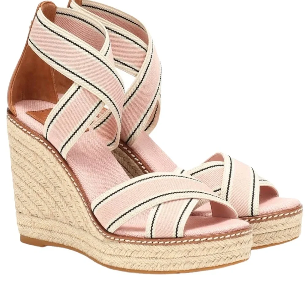 Tory Burch Pink Blush Frieda Espadrille Wedge Sandals Shoes size 7